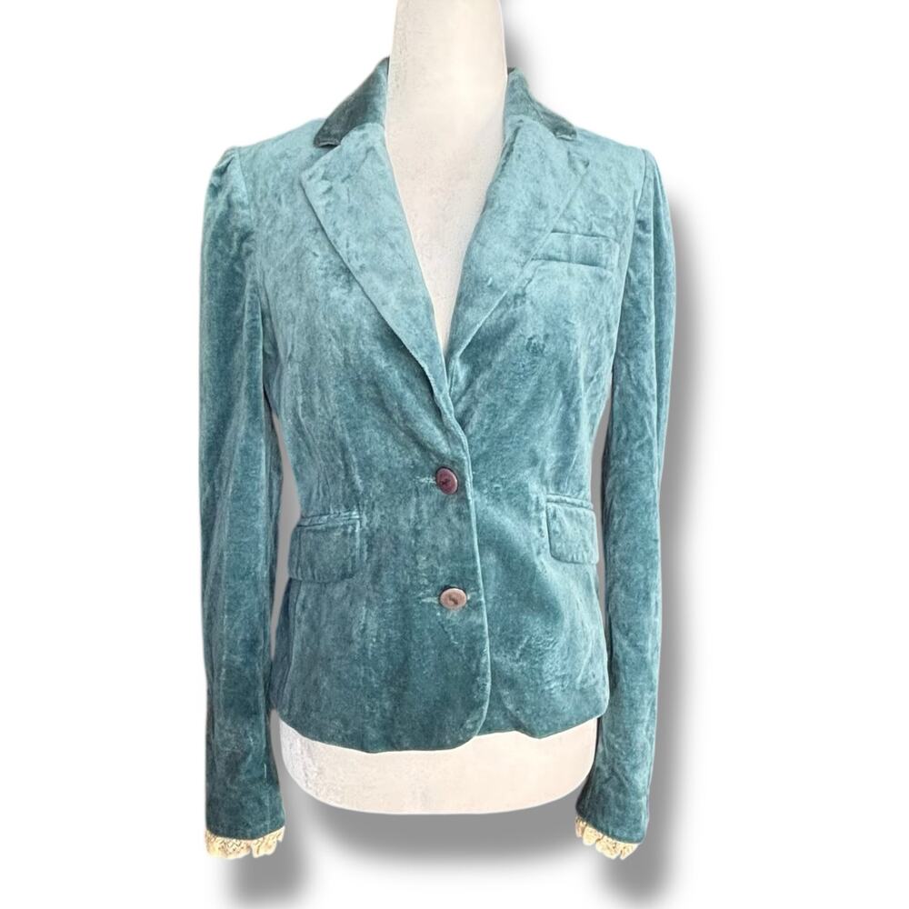 Vintage Juicy Couture Teal Velour Blazer Lace Cuff XS Gothic Romance Coquette